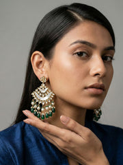 Kundan Chandbali Earrings with Mother of Pearl Detailing with green stones and Pearl Drops | Bridal Wedding Statement green earrings for Women