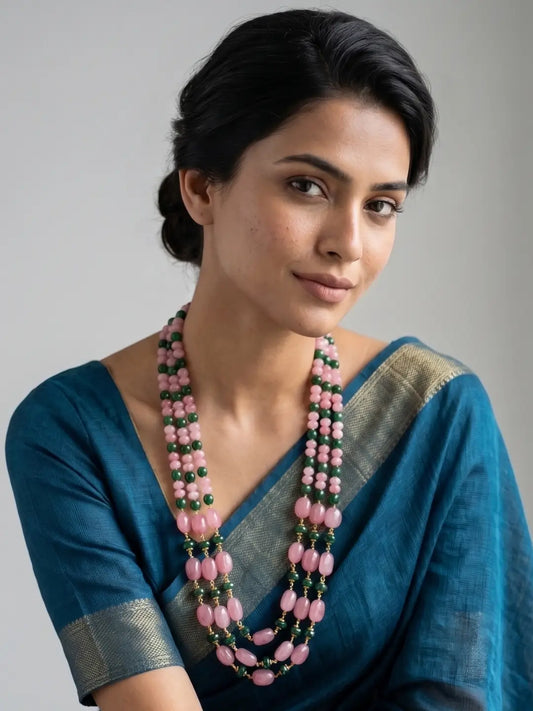 Handcrafted Long Layered Natural Gemstone Pink Jade Beads Necklace | Ethnic Jewellery for saree