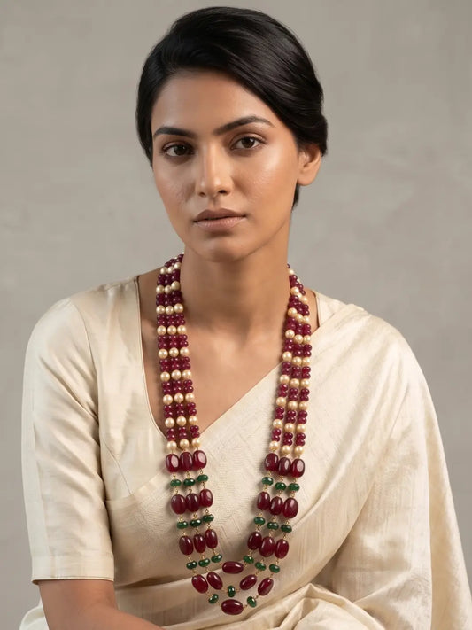 Handmade Triple Layered Natural Red Jade Beaded Necklace For Ethnic Wear