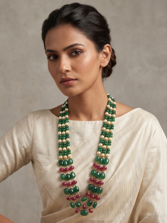 Handcrafted Triple Layered Natural Green Jade Beaded Necklace For Women