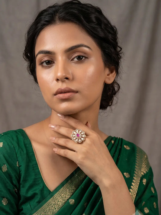 Gold Plated Polki Kundan Adjustable Ring For Women | Ethnic & Traditional