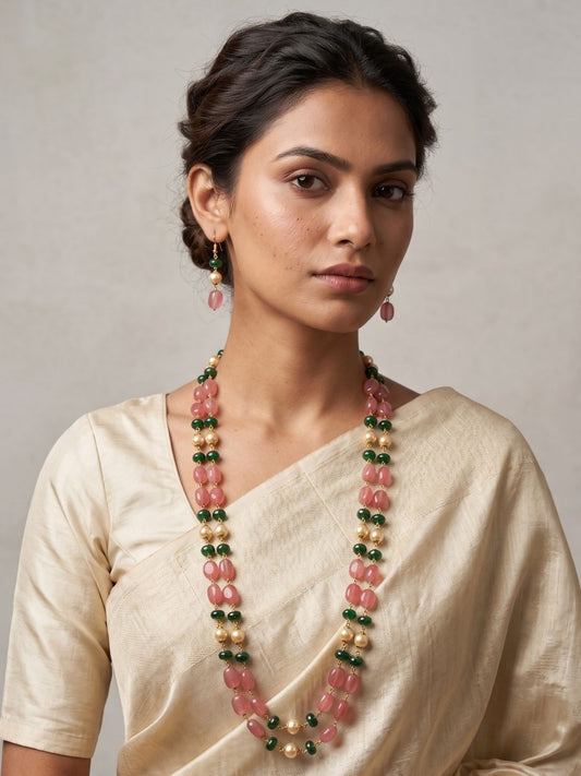 Pink & Green Jade Double Layered Long Beads Necklace For Ethnic Wear