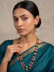 Pink & Green Jade Double Layered Long Beads Necklace For Ethnic Wear