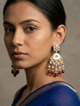 Elegant Gold Plated Mother Of Pearl And Kundan Earrings with red drops For Women - Statement Earrings