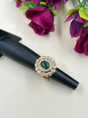 Traditional Party & Wedding Wear Green Stone Adjustable Kundan Ring For Women