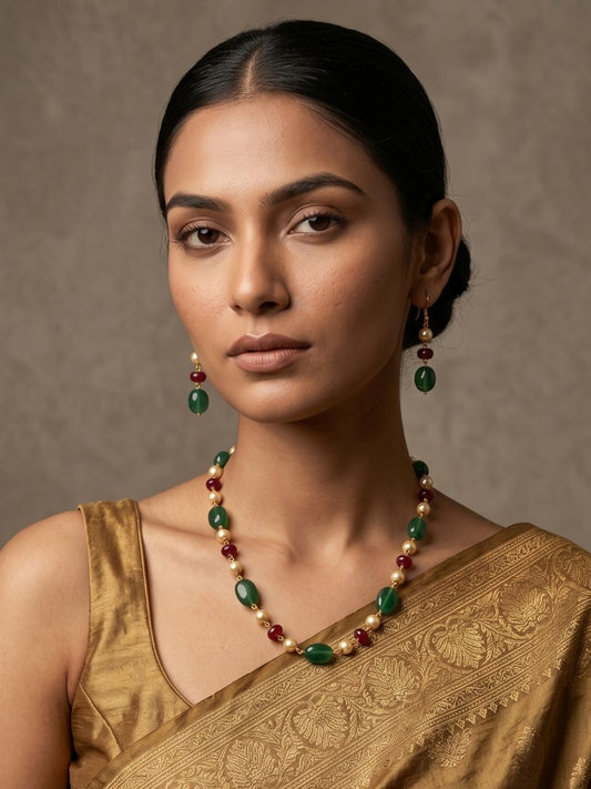 Semi Precious Gemstone Green Jade Beaded Necklace Set | Ethnic Jewellery For Women