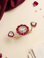 Designer Gold Plated Kundan Double Finger Ring With Enamel | Wedding, Festive & Cocktail Rings