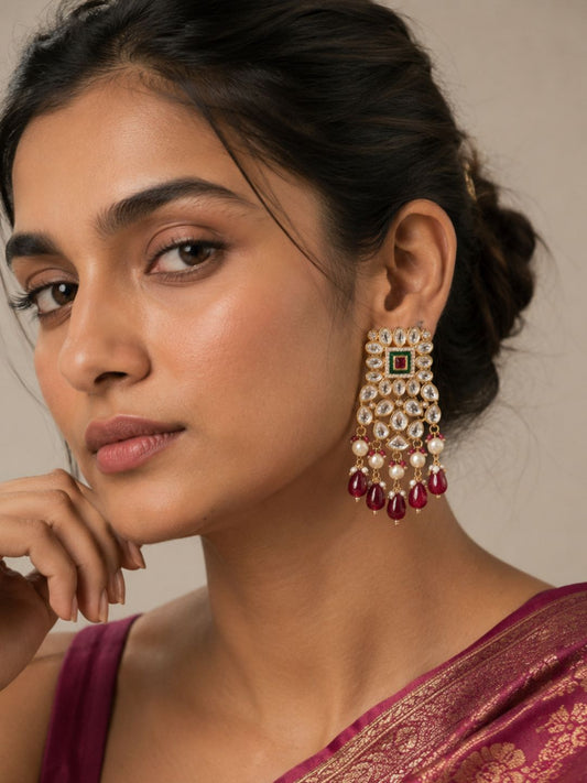 Vamika Pretty Polki Kundan Dangler Earrings With Red Drops | Statement Earrings
