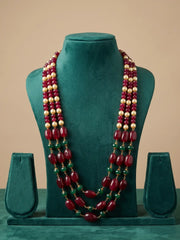 Handmade Triple Layered Natural Red Jade Beaded Necklace For saree