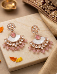 Designer Kundan And Mother Of Pearl Beaded Chandbali Earrings For Women - Statement baby pink stone beaded chandbali Earrings