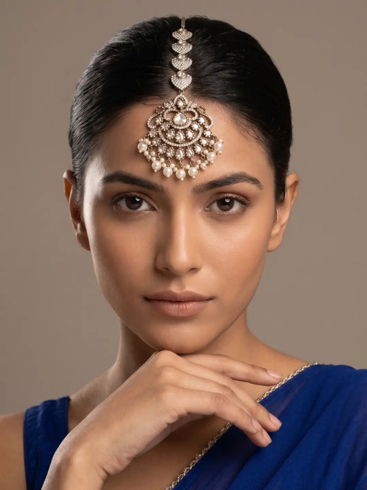 Antique Victorian Moissanite Kundan Polki Maang Tikka with Pearl Drops Styled on Indian Bridal Model