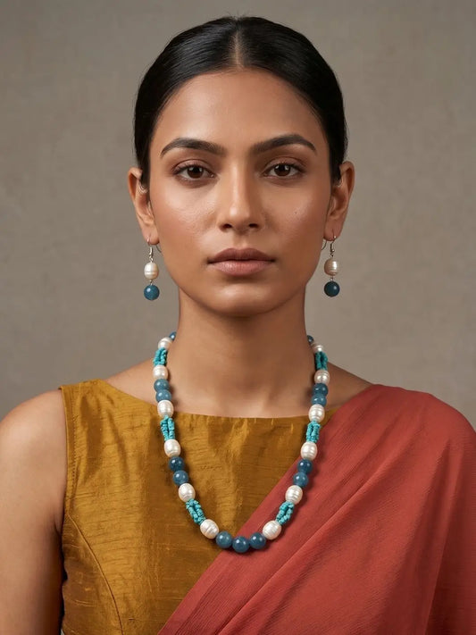 Lady wearing a Contemporary Blue Jade & Pearls Beaded Necklace Set | Indo Western blue colour Beaded Necklace set