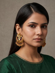 Designer antique gold Chandbali earrings with intricate floral Kundan work, ruby and emerald-coloured accents and bead danglers