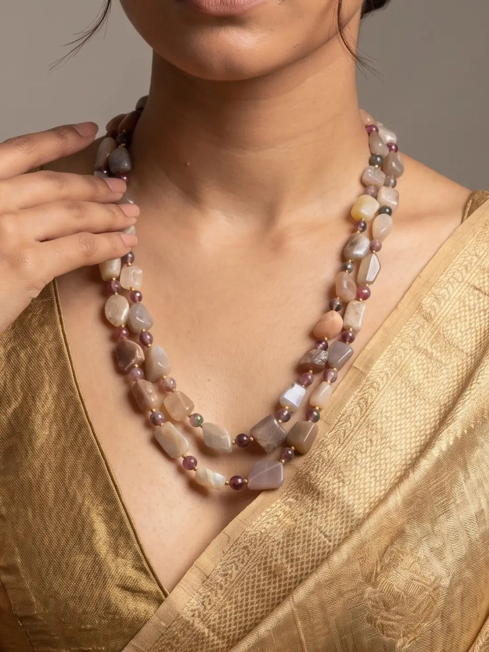 Natural Moonstone double layer beaded necklace for women with organic-shaped gemstone beads