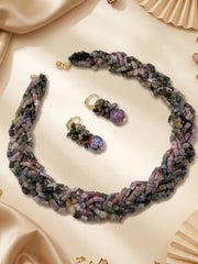 Pair of earrings from the multi colour tourmaline beaded necklace set, shown to coordinate with the layered gemstone necklace
