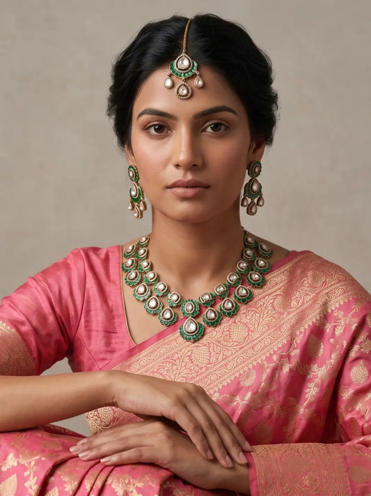 Woman wearing an elegant green Kundan necklace set with floral motifs, teardrop-shaped stones, intricate detailing, matching earrings and a coordinating maang tikka.