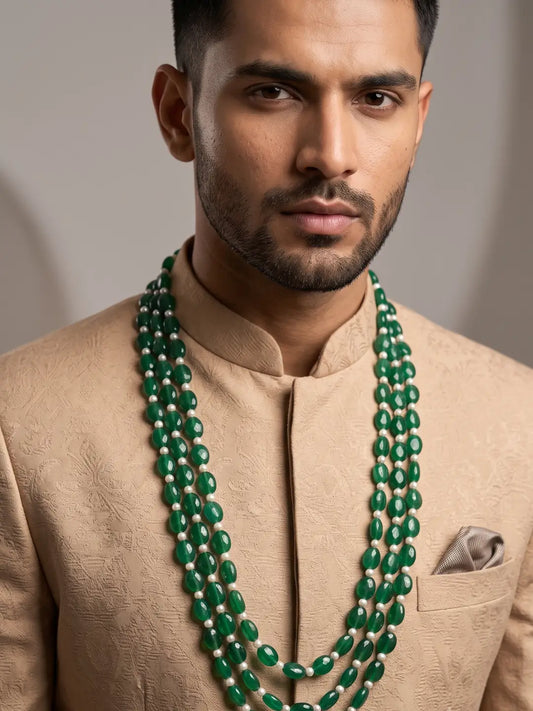Layered green jade groom mala with smooth oval beads, natural freshwater pearls and gold plated details for wedding attire