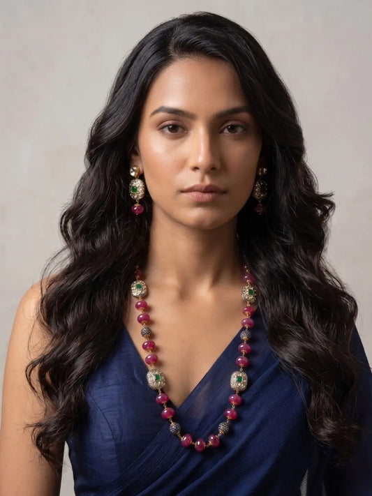 Exquisite Natural Ruby Pink Quartz Faceted Beaded Mala Necklace Set with Gold-Plated Details and Matching Earrings Worn by a Woman