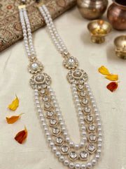 Freshwater pearl Kundan Polki groom mala with layered pearl strands, gold-plated brooches and CZ details for sherwanis and achkans.