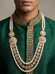 Freshwater pearl Kundan sherwani mala for groom with layered pearl strands, Polki brooches and gold-plated details for Indian wedding styling.