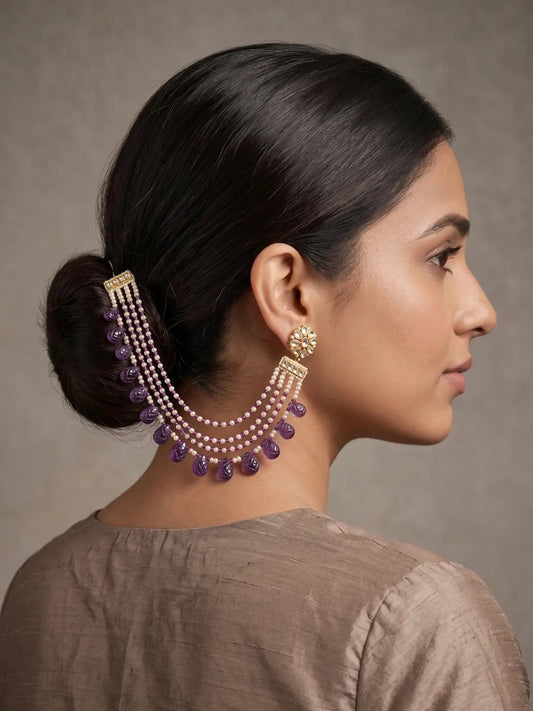 Natural freshwater pearl and purple amethyst ear chain with layered pearl strands and gemstone drops for Indian bridal jewellery