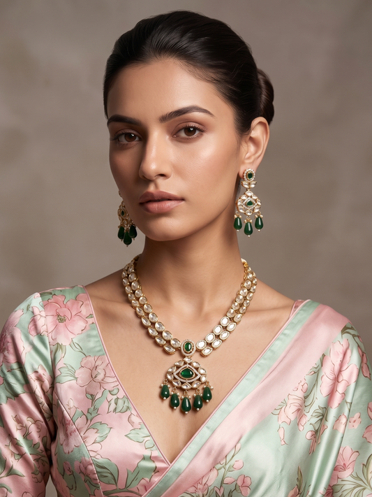Gold-Plated Kundan Polki Pendant Necklace and Earring Set with Green Colour Stones and Delicate Pearl Drops
