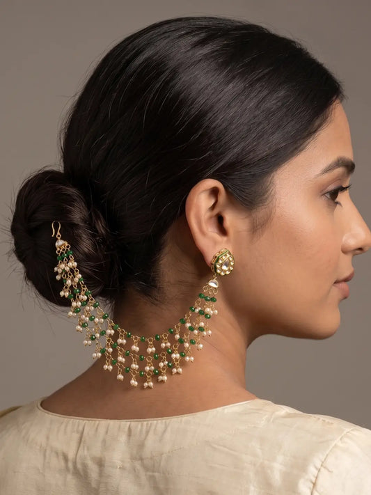 Gold plated green beaded ear-to-hair chain with pearls and kundan for bridal styling