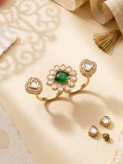 Green gold plated Kundan Polki double finger ring with CZ details, designed as a statement accessory for bridal, wedding and festive outfits.