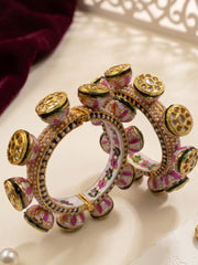 Gold plated green and pink Kundan Pacheli kada bangles with floral Meenakari, blue and white pearl detailing for sarees and lehengas.
