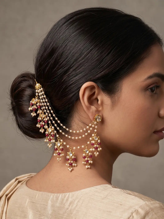 Gold plated layered kundan pearl ear chain with red jade beads and pearl drops for Indian bridal wedding jewellery