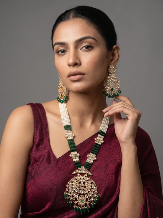 Gold Plated Long Green Kundan Pendant Necklace Set With Pearl Strands | Bridal Jewellery