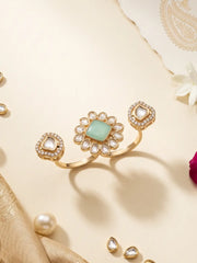 Mint green gold plated Kundan Polki double finger ring with CZ details, designed for statement bridal, festive and ethnic jewellery looks.