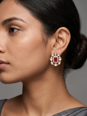 Gold plated red floral Kundan earrings featuring a coloured oval centre, clear CZ halo and surrounding Kundan-inspired stones
