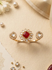 Ruby pink gold plated Kundan Polki double finger ring with CZ details, styled as a statement accessory for weddings and ethnic outfits.