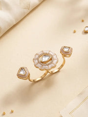 White gold plated Kundan double finger ring with enamel and Polki stones, designed as a statement accessory for weddings and cocktail occasions.