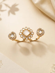 White gold plated Kundan Polki double finger ring with CZ details, styled as a statement jewellery piece for bridal and ethnic outfits.