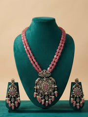 Traditional long antique moissanite polki necklace set with a big ornate pendant attached with rose pink layered beads, and matching long earrings for ethnic and saree wear