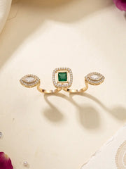 Green gold plated square Polki double finger ring with marquise-shaped CZ motifs, styled as a statement accessory for bridal and wedding outfits.