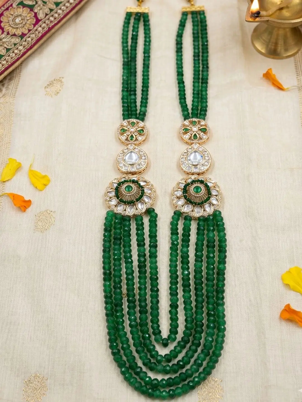 Green jade beaded groom sherwani mala with Kundan, Polki and CZ stone details, designed for weddings, receptions and festive celebrations.