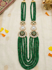 Green jade beaded groom sherwani mala with Kundan, Polki and CZ stone details, designed for weddings, receptions and festive celebrations.