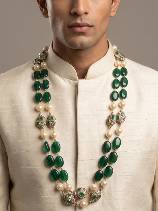 Layered green jade and shell pearl groom mala with gold-tone Kundan-style decorative elements for Indian wedding sherwani styling