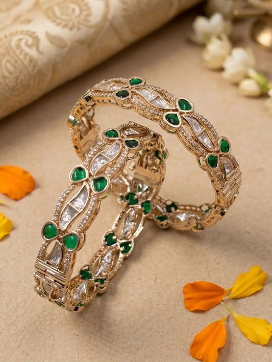 Elegant Gold Plated Kundan & Green Stone Designer Bangles For Women | Ethnic & Traditional Wear Bangles