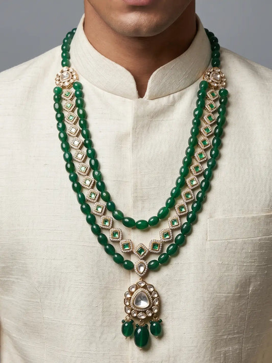 Layered green jade bead sherwani mala with geometric Kundan design, square green stones, CZ accents and teardrop pendant