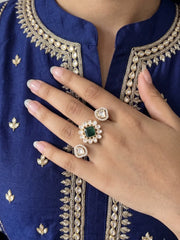 Green Kundan Polki and CZ double finger ring with gold plating, featuring a floral design for bridal, wedding and festive jewellery looks.