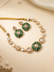 Green Kundan Polki choker-style necklace set with CZ stones, enamel accents and matching earrings for mehendi, sangeet and wedding looks.