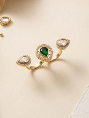 Green Kundan Polki dual finger ring with gold plating and pear-shaped CZ details, designed for ethnic, bridal, wedding and festive outfits.