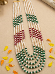 Indian groom pearl mala combining lustrous white freshwater pearls with emerald green and ruby red jade beads in layered strands