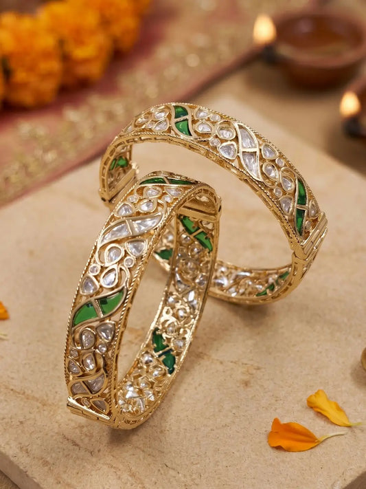 Designer Green Stones & Uncut Polki Kada Bangles | Wedding & Festive Wear Bangles
