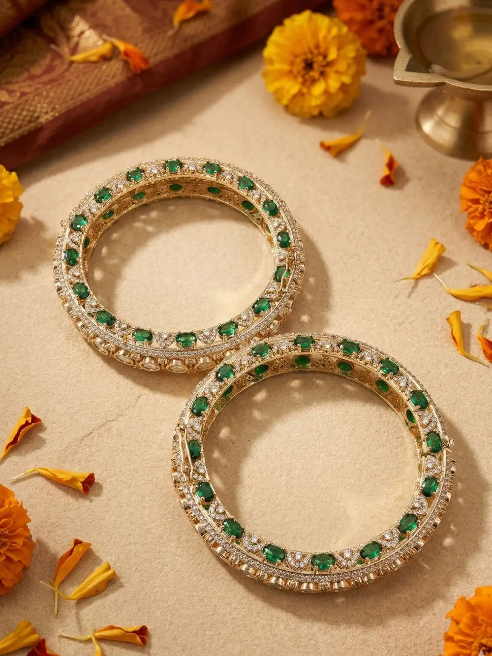 Gold Plated Emerald Stones & Kundan Openable Bangles For Women | Wedding Bridal & Party Wear Kundan Bangles