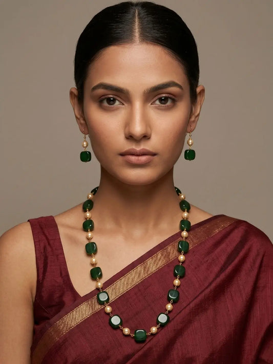 Elegant Natural square shaped Jade Beads And faux Pearls Long Beaded Necklace - Gemstone Beaded Jewelry